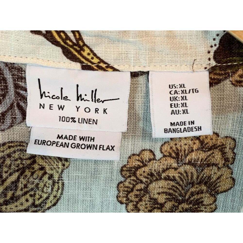Nicole Miller European Flax Linen Shirt XL Earthy Floral Bird Button-up Roll-tab - Picture 2 of 14